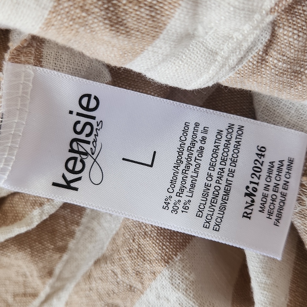 Kensie Jumpsuit Striped Cotton Linen Wide Leg Tan White Romper L - Picture 10 of 16